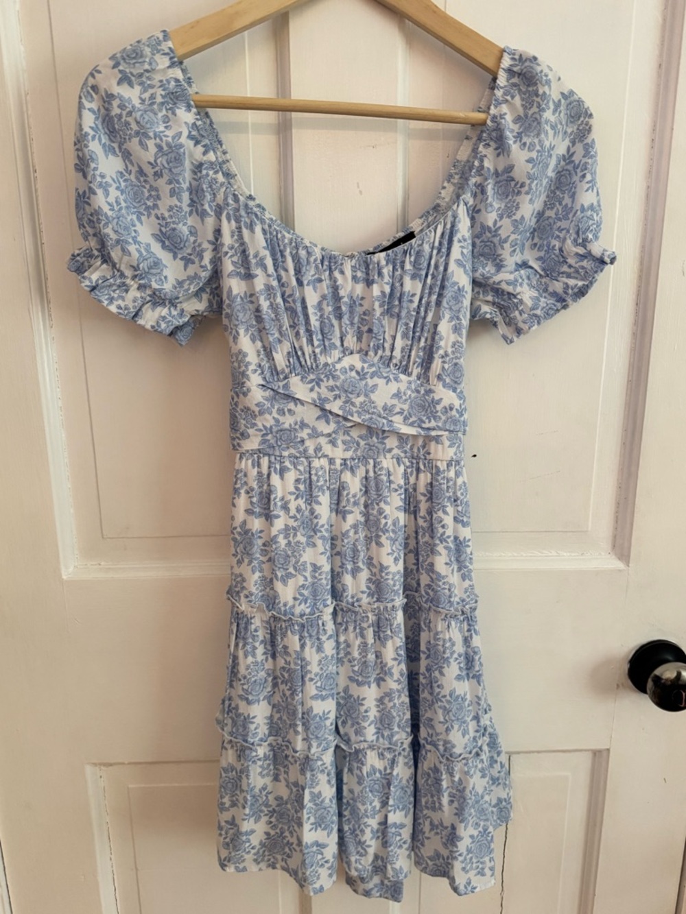 Trixxi White and Light Blue Floral Smocked Tiered Midi Dress